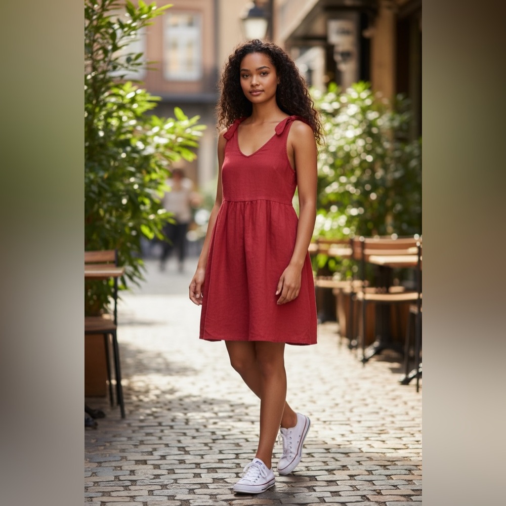 NWOT Burgundy Linen-Blend Tie-Shoulder Skater Dress - Size Small